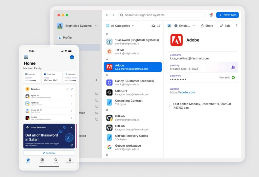Screenshot van 1Password op desktop en smartphone