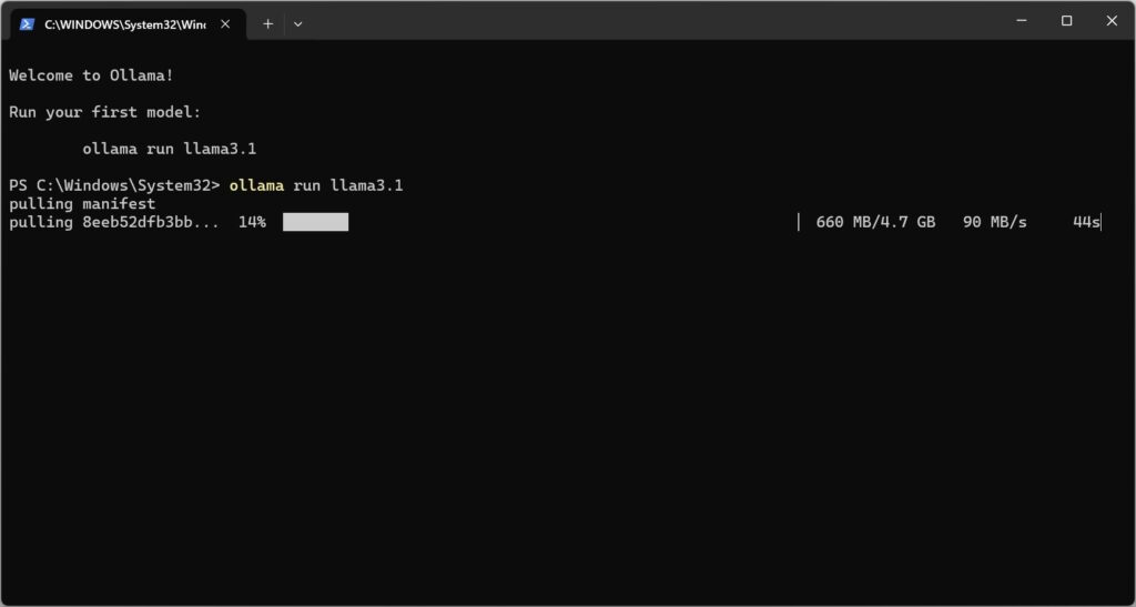 Screenshot of installing LLM Llama3.1 into Ollama