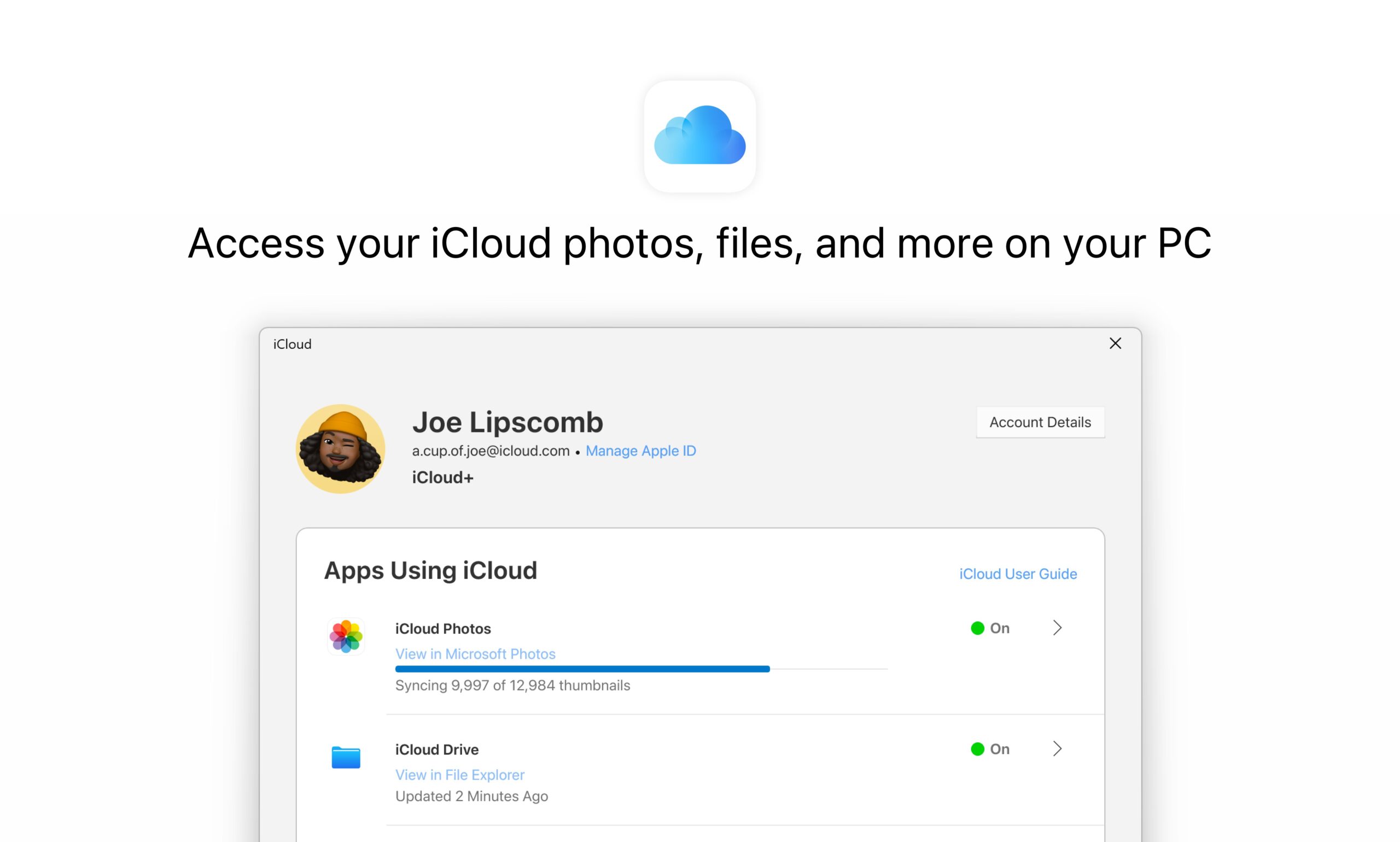 Screenshot van iCloud voor Windows