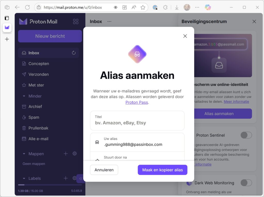 Screenshot van de alias maken