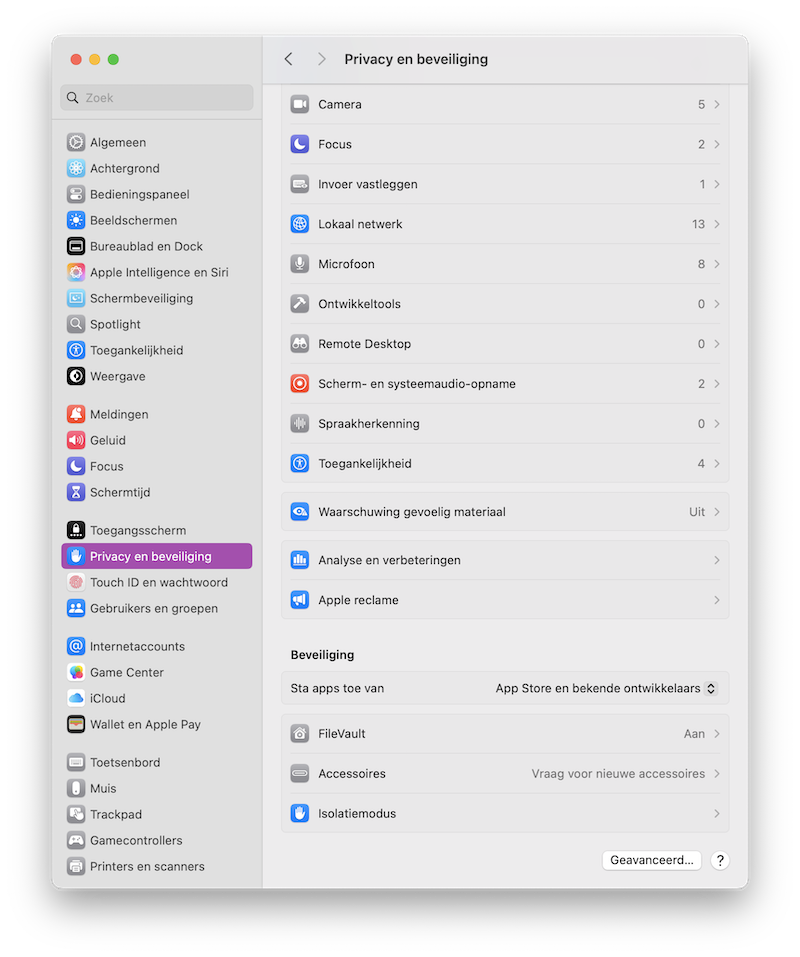 Screenshot Systeeminstellingen: Privacy en beveiliging