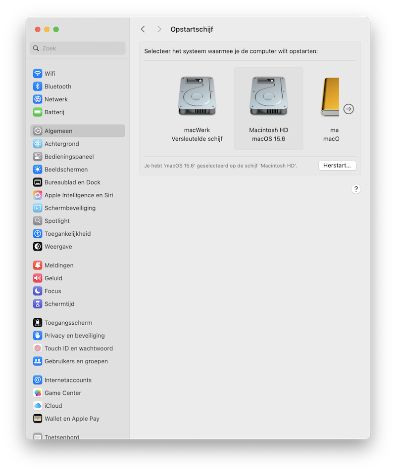 Screenshot Systeeminstellingen: opstartschijf kiezen