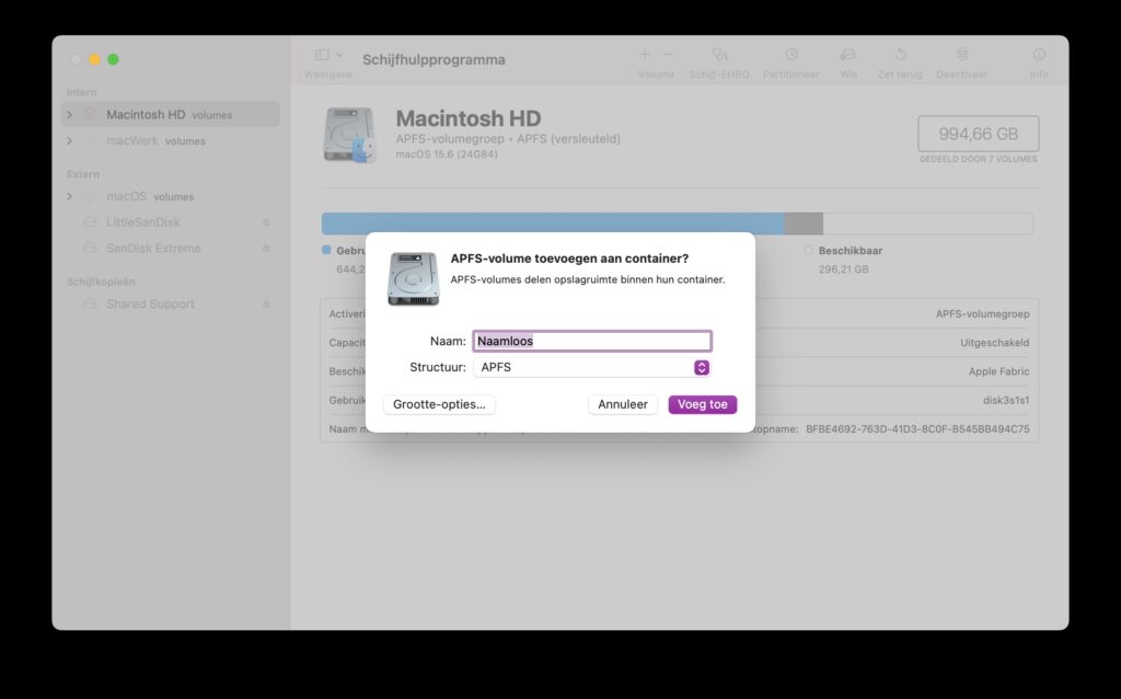 Screenshot van Schijfhulpprogramma om een volume toe te voegen