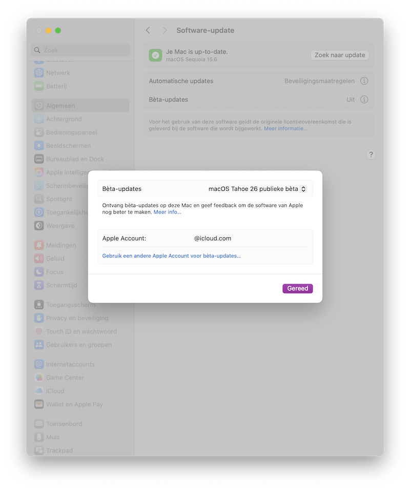 Screenshot Systeeminstellingen: macOS Beta versie installeren.