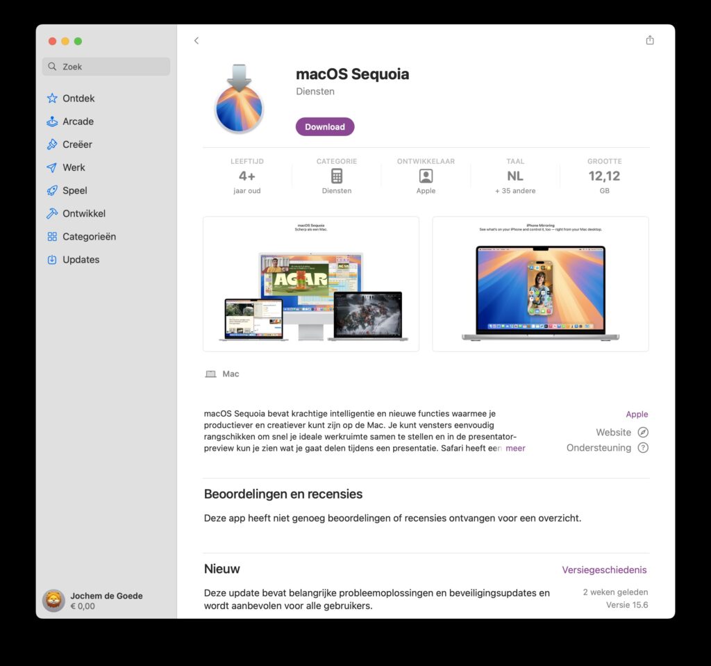 Screenshot van macOS Sequoia in de App Store van Mac.