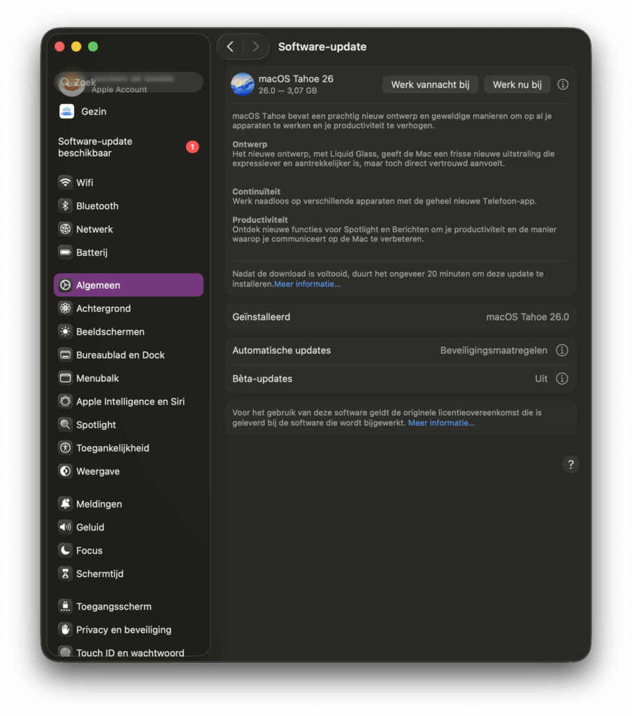 Screenshot van Software-update-venster in macOS Systeeminstellingen.
